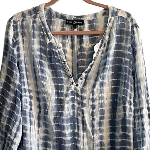 Blue Tie-Dye Gauzy Women's Top Blouse 2X Plus Size Fred David 3/4 Sleeves - Picture 8 of 8